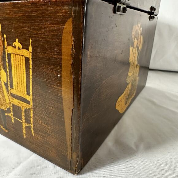 Vintage 60's Purse Wood Box Girl & Cat Handbag Brown Brass Closure Lucite Handle - Picture 6 of 16